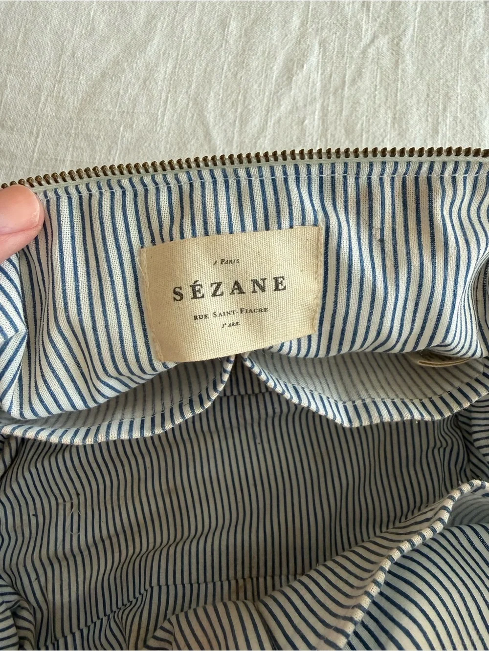 SEZANE Toiletry Bag in Ecru with Blue Embroidered Flowers